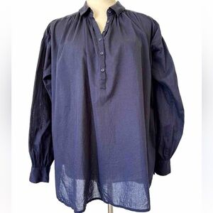 J. Peterman Size XL Vintage Blue Oversized cotton Blouse with‎ Mandarin Collar
